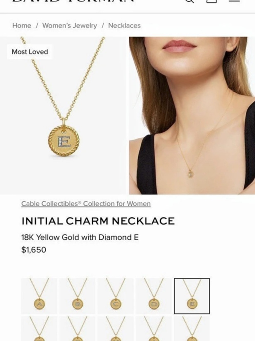 David Yurman Initial Charm Necklace Gold-Tone Charm Necklace Letter E